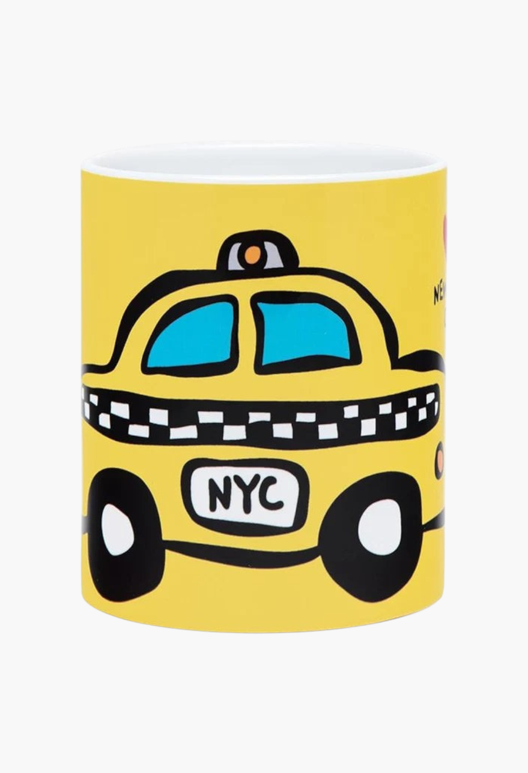 GLAM MODA ceramic coffee mug featuring a playful yellow NYC taxi illustration by artist Marc Tetro