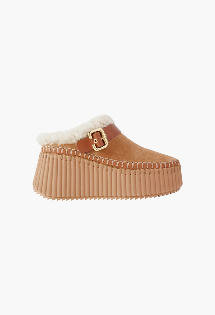 Nama Buckled Shearling-Lined Suede Platform Mules - GLAM MODA