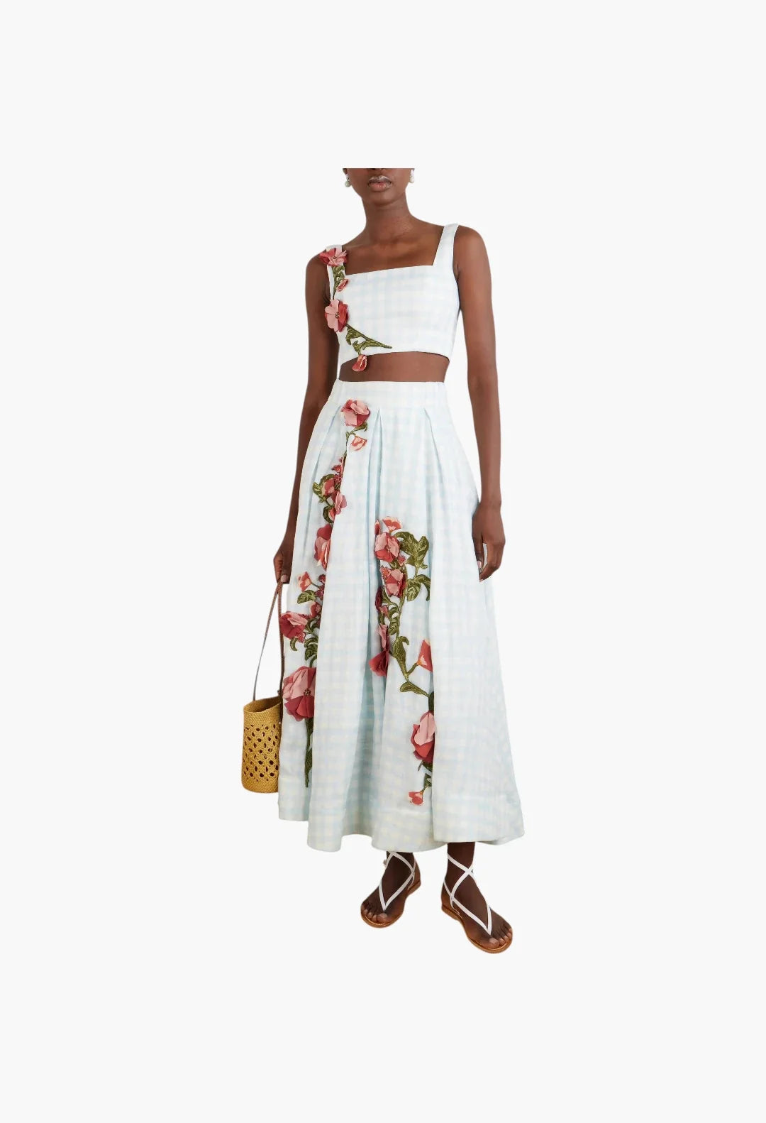 Delta floral-appliqué checked linen maxi skirt