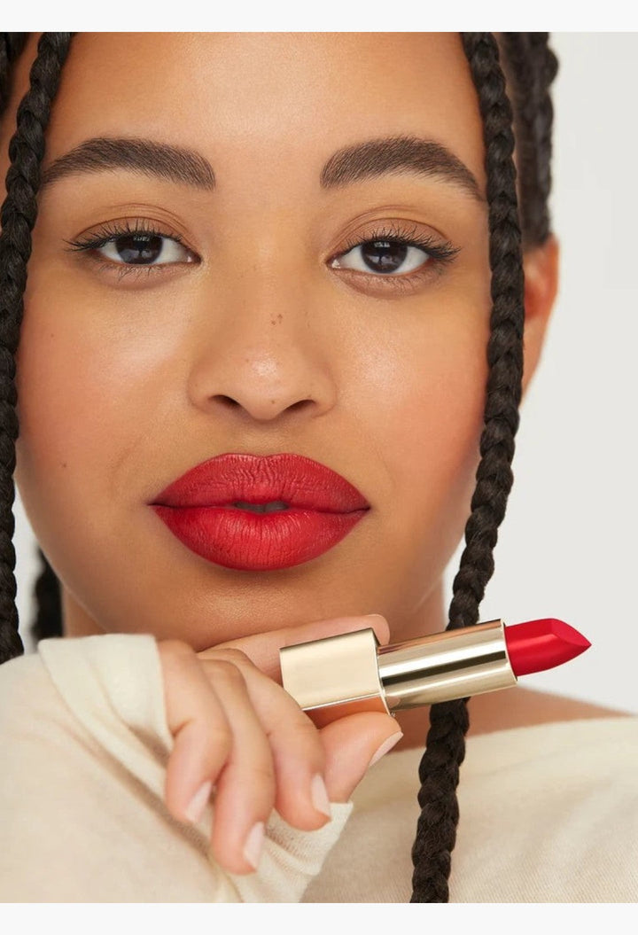 GLAM MODA Kind Words Matte Lip Liner in Devoted true red shade applied on a model with a soft matte finish