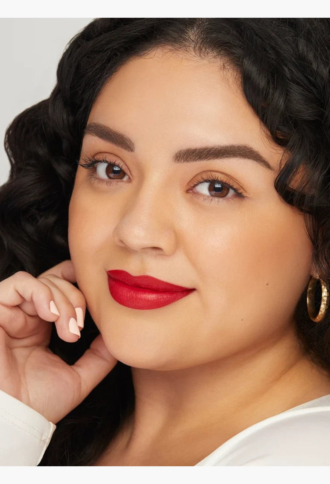 GLAM MODA Kind Words Matte Lip Liner in Devoted true red shade applied on a model with a soft matte finish