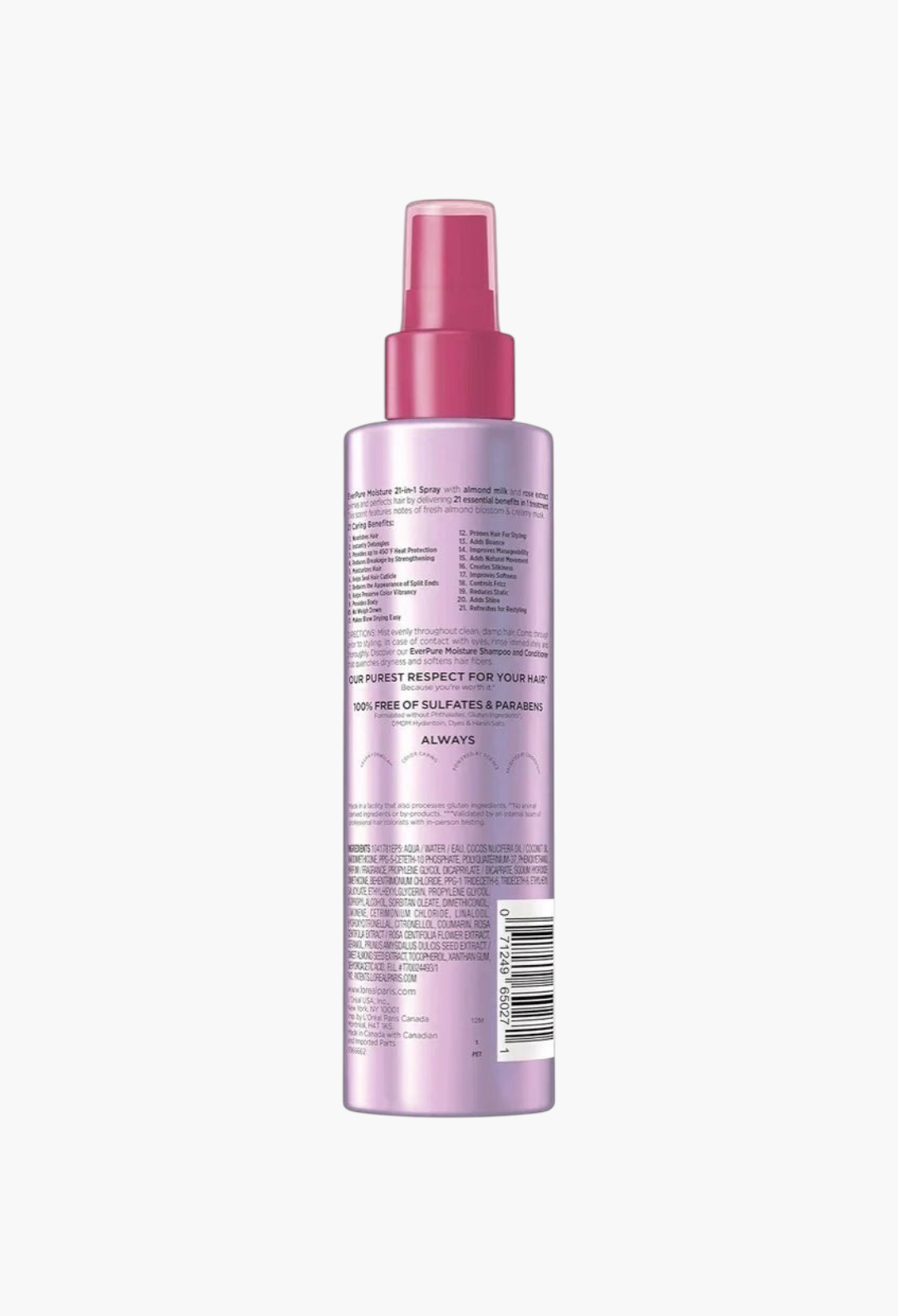 GLAM MODA L'Oreal Paris 21-in-1 leave-in conditioner spray bottle with purple packaging and pink pump dispenser