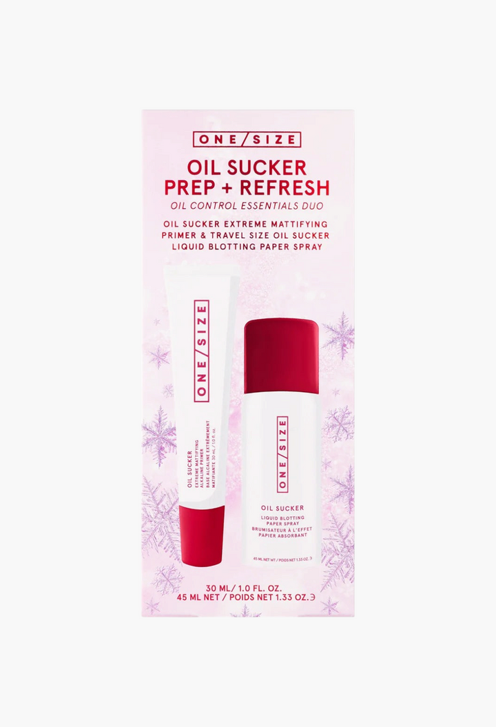 GLAM MODA Oil Sucker Prep and Refresh mattifying primer and oil control spray duo in pink snowflake packaging