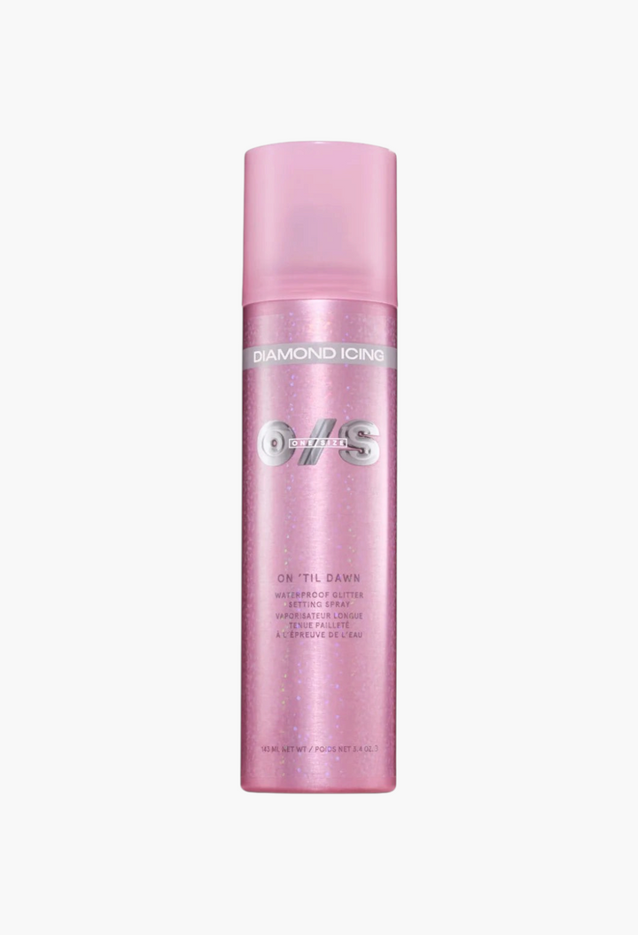 GLAM MODA Diamond Icing waterproof glitter setting spray in a pink bottle for face, body, and hair