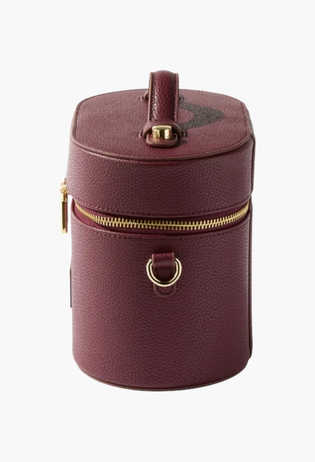 GLAM MODA burgundy vegan leather oval toiletry case with gold hardware, top handle, and shoulder strap attachment.