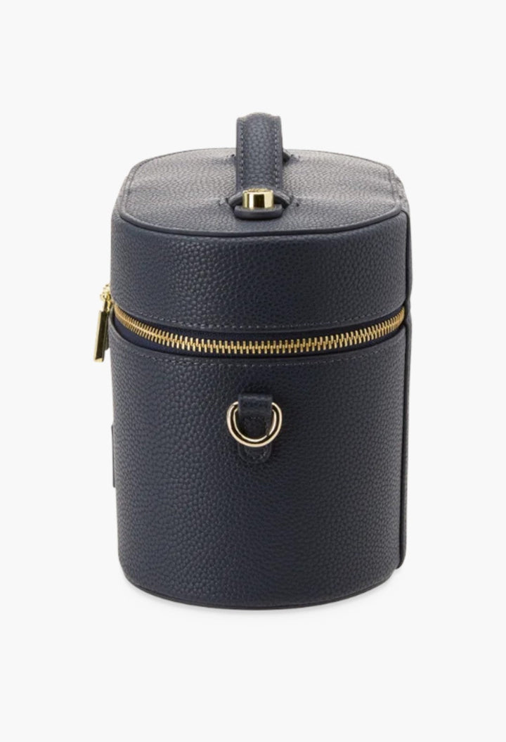 GLAM MODA navy vegan leather oval toiletry case with gold zipper and top handle for travel organization