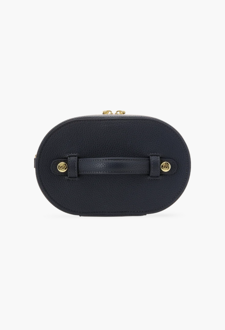 GLAM MODA oval toiletry case in black vegan leather with a top handle and gold hardware, viewed from above.