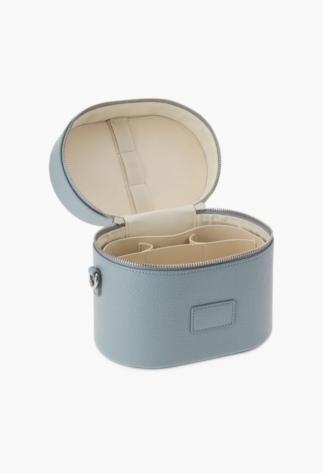 GLAM MODA light blue oval vegan leather toiletry case with an open lid, removable divider, and brush storage elastic.