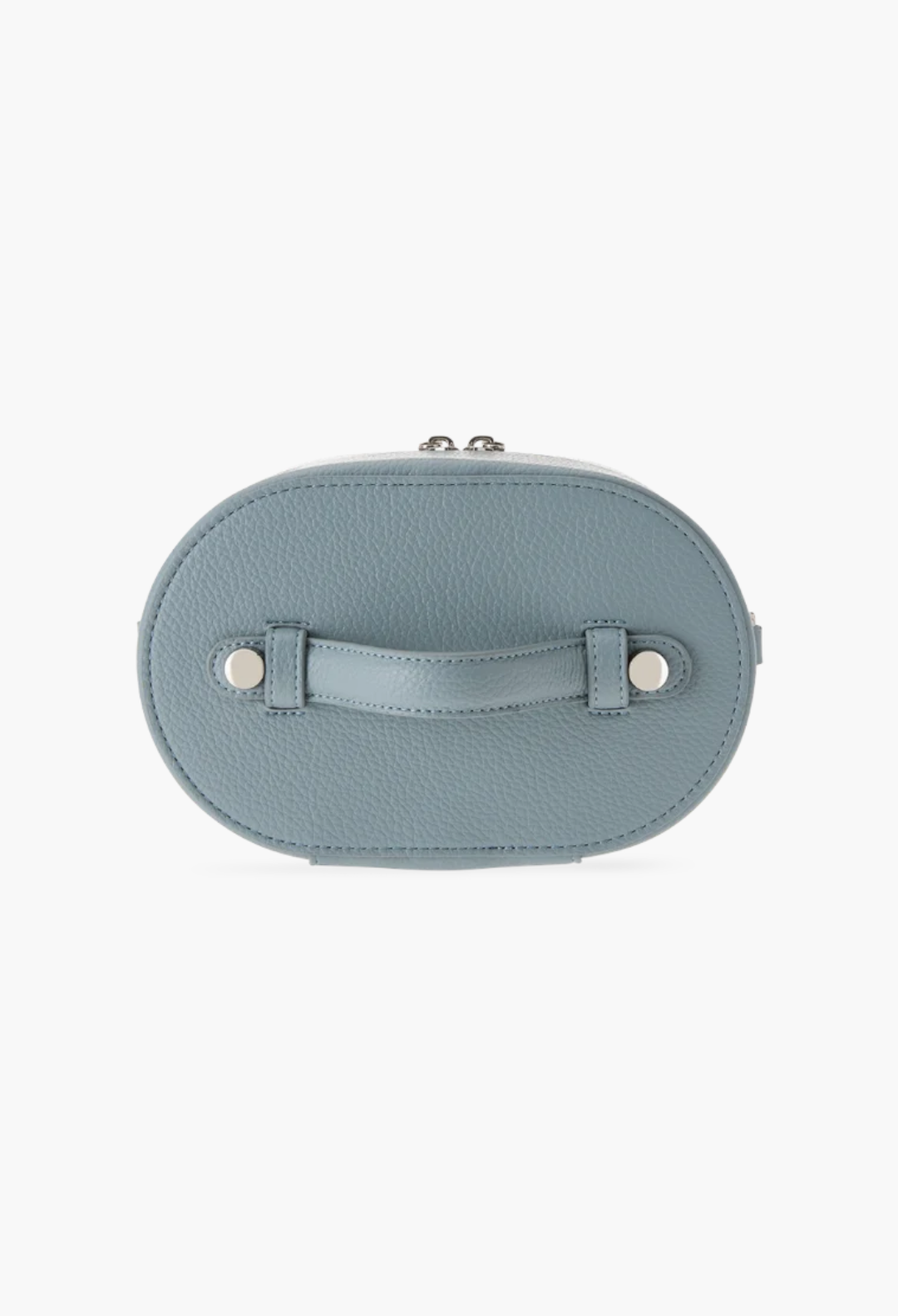GLAM MODA oval toiletry case in blue vegan leather with a top handle and silver hardware, top-down view.