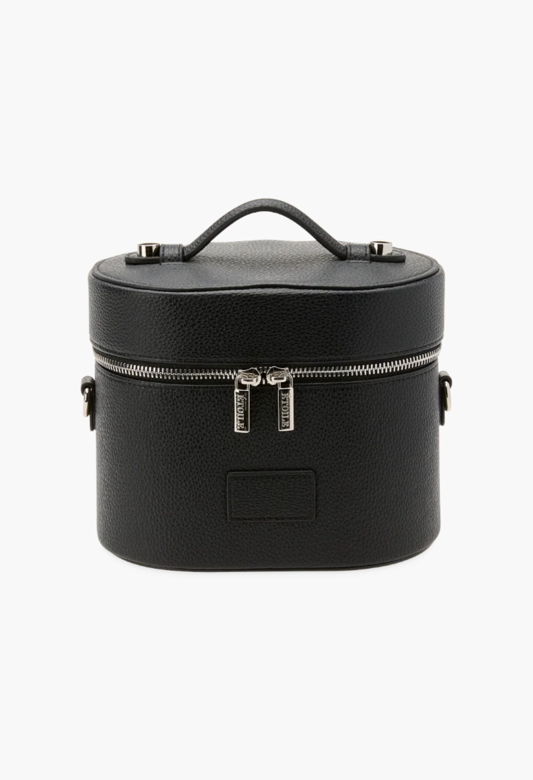 GLAM MODA black oval vegan leather toiletry case with a top handle, dual silver zippers, and a structured design.