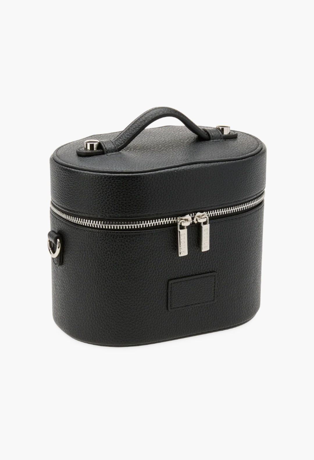 GLAM MODA black vegan leather oval toiletry case with a top handle, dual zippers, and a structured design.