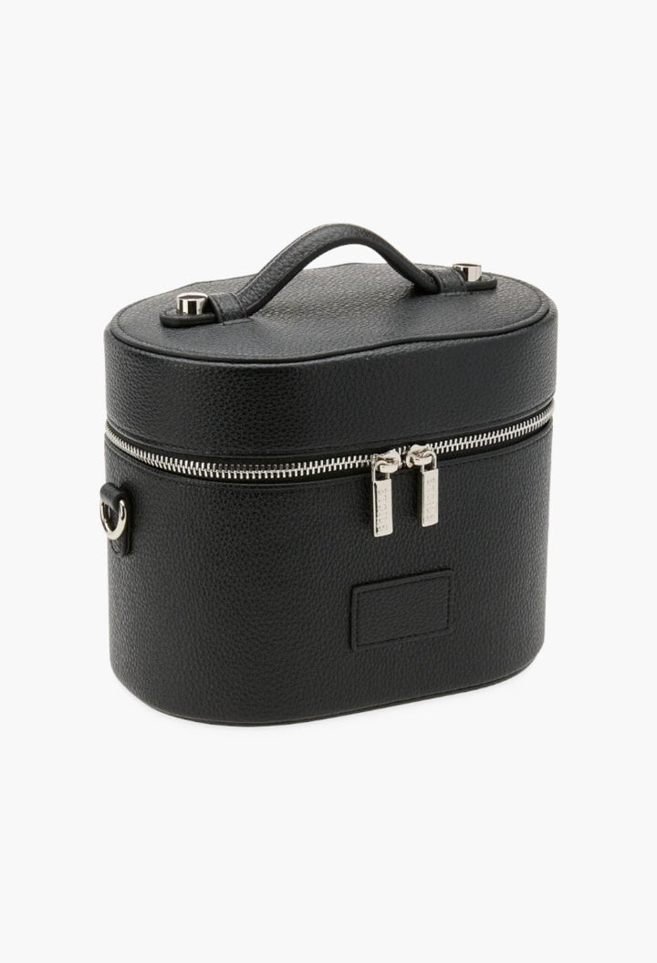 GLAM MODA black vegan leather oval toiletry case with a top handle, dual zippers, and a structured design.