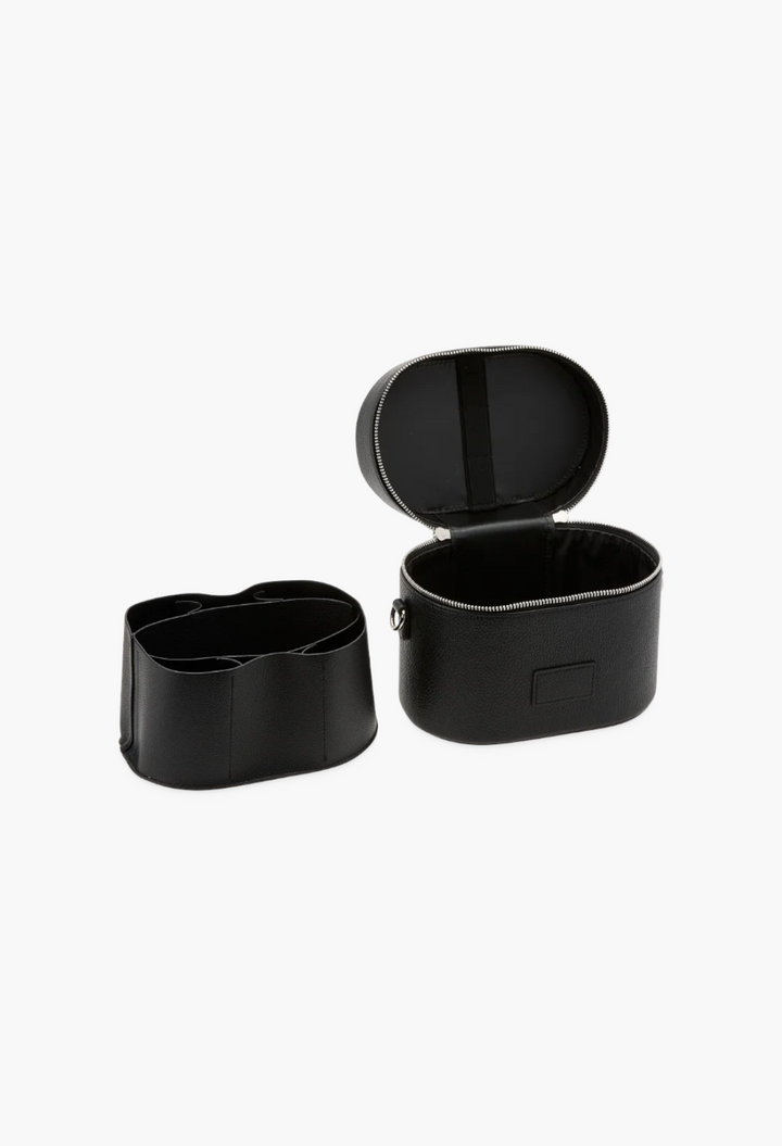 GLAM MODA black vegan leather oval toiletry case with removable divider insert and dual zipper opening