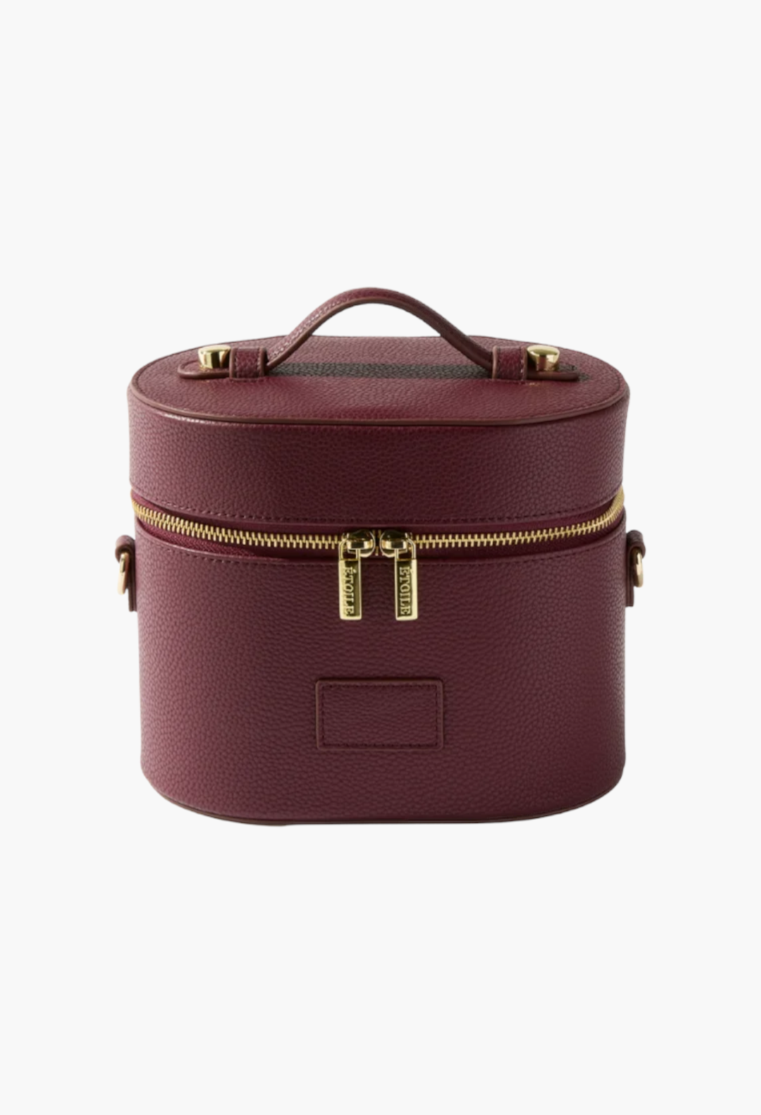GLAM MODA oval burgundy vegan leather toiletry case with gold dual zippers and a top handle for travel organization.