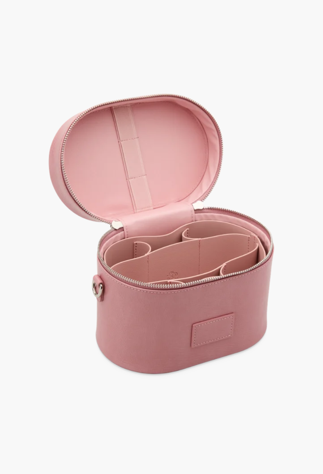 GLAM MODA pink oval vegan leather toiletry case with removable divider and brush storage, open view.