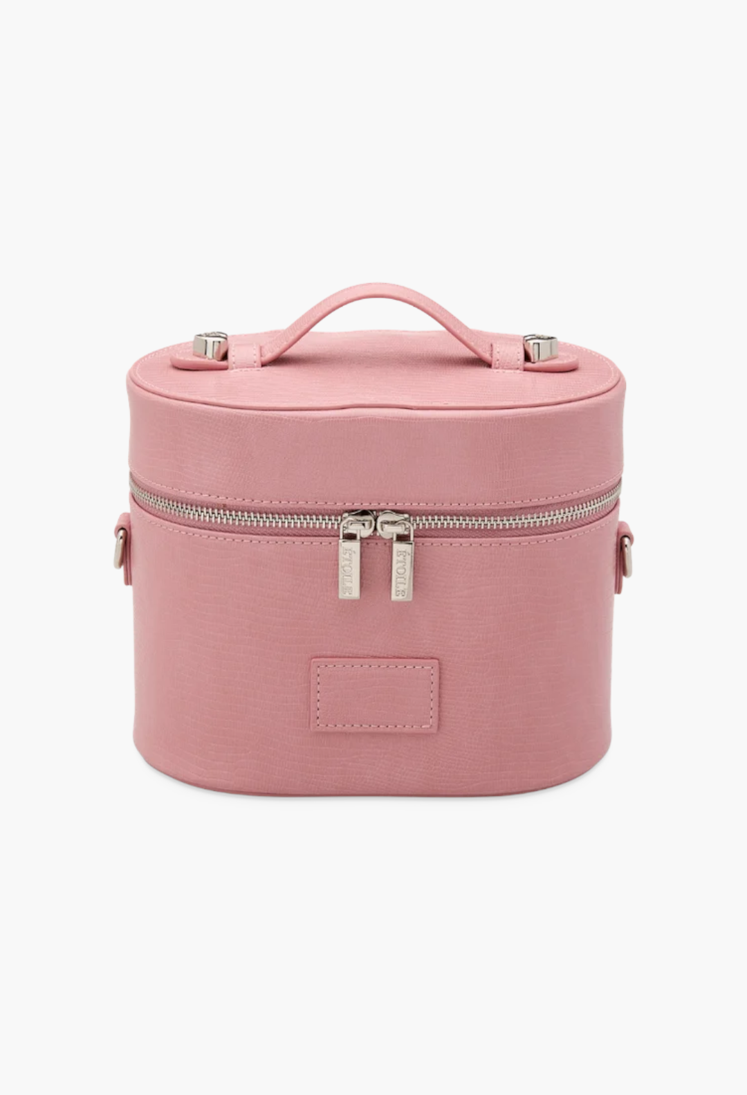GLAM MODA oval pink vegan leather toiletry case with a top handle, dual zippers, and a structured design.
