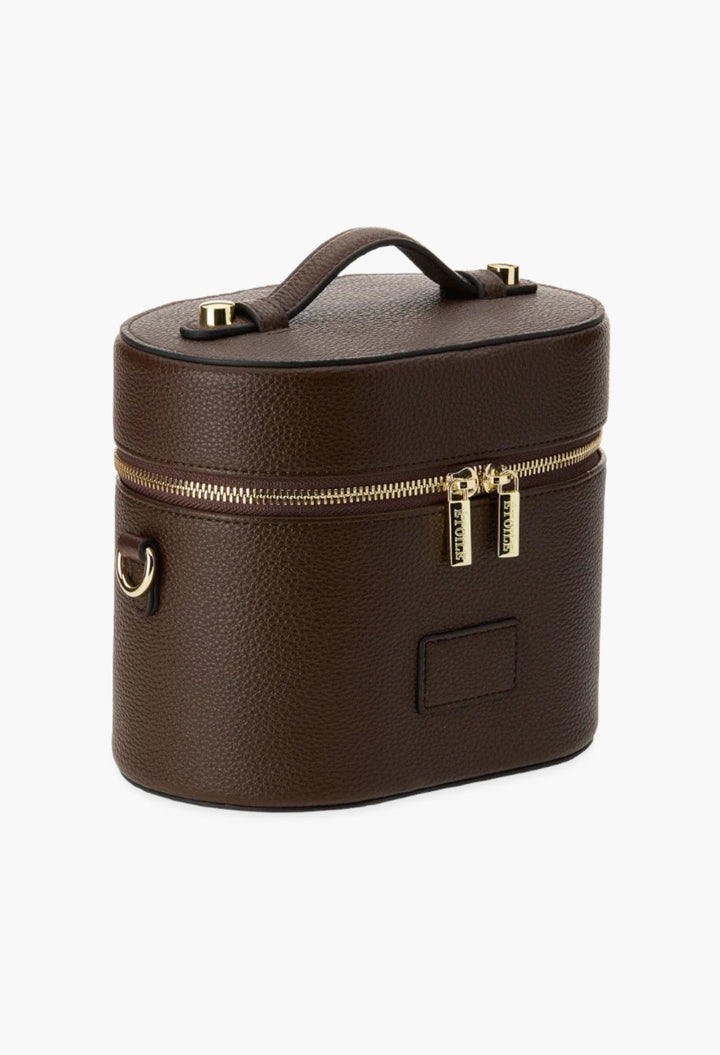 GLAM MODA brown vegan leather oval toiletry case with gold hardware, top handle, and dual zipper closure.