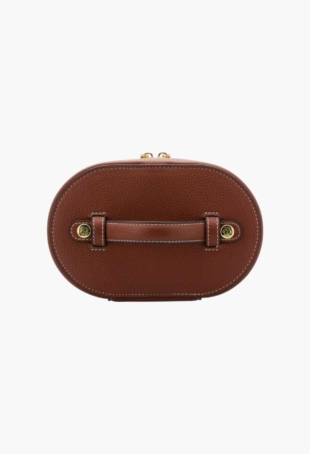 GLAM MODA oval toiletry case in brown vegan leather with a top carry handle and gold hardware details.