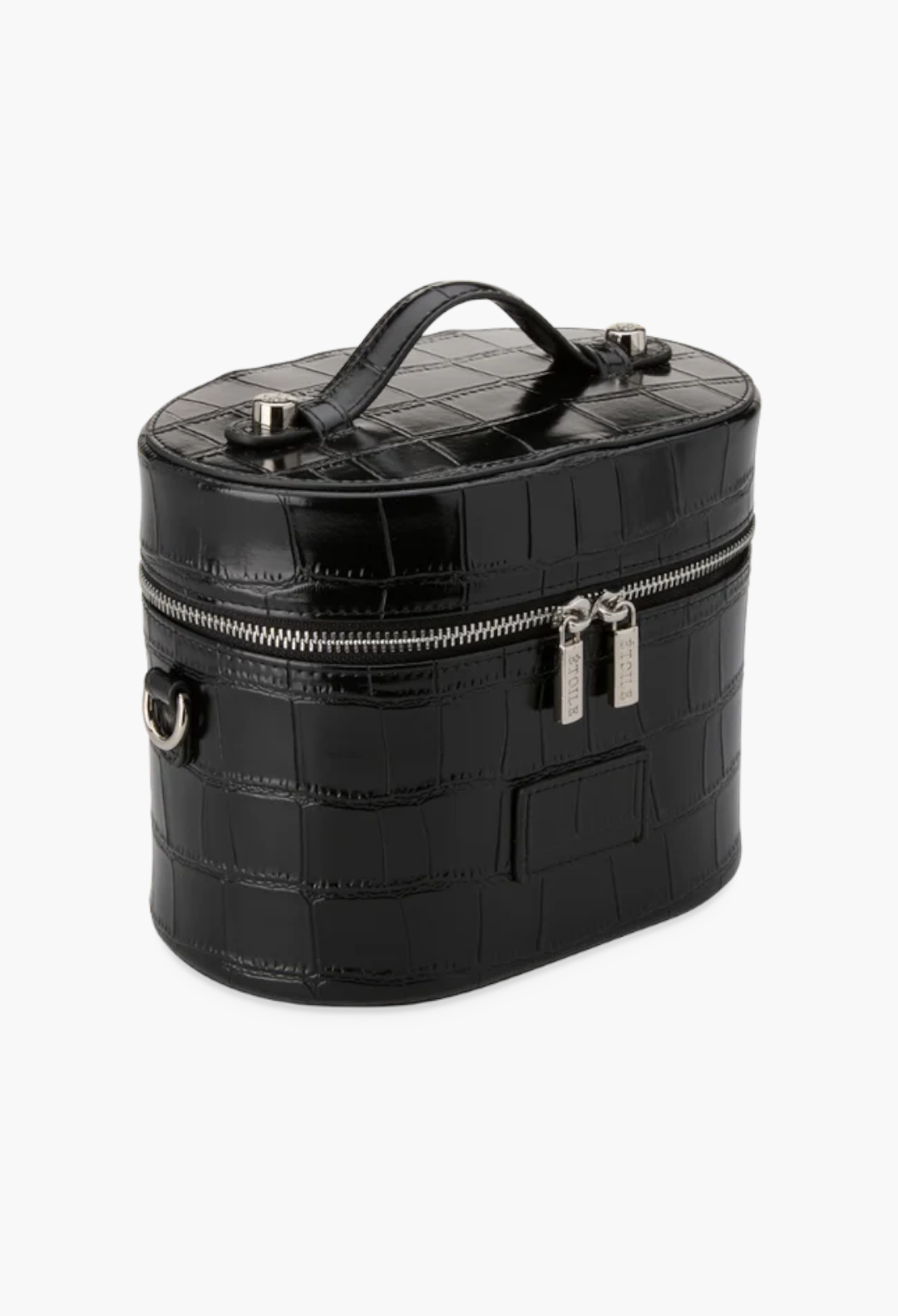 GLAM MODA black oval toiletry case in croc-embossed vegan leather with a top handle and silver dual zipper hardware.