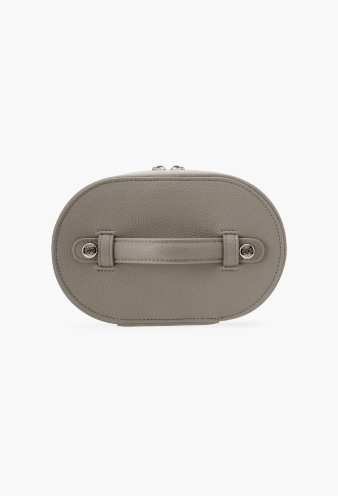 GLAM MODA oval toiletry case in grey vegan leather with a top carry handle, viewed from the top.