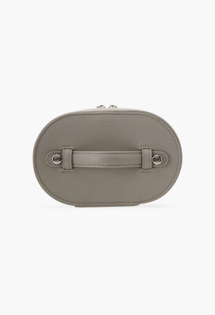 GLAM MODA oval toiletry case in grey vegan leather with a top carry handle, viewed from the top.