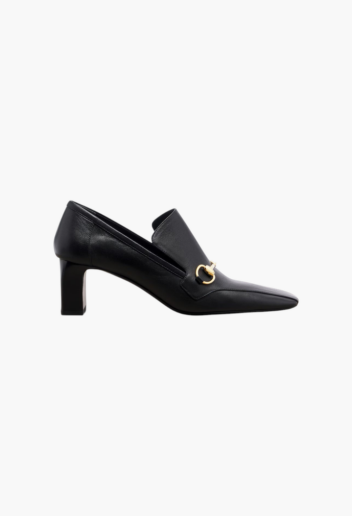 GLAM MODA black leather Galleria loafer pumps with square toe, block heel, and gold-tone Horsebit hardware detail.