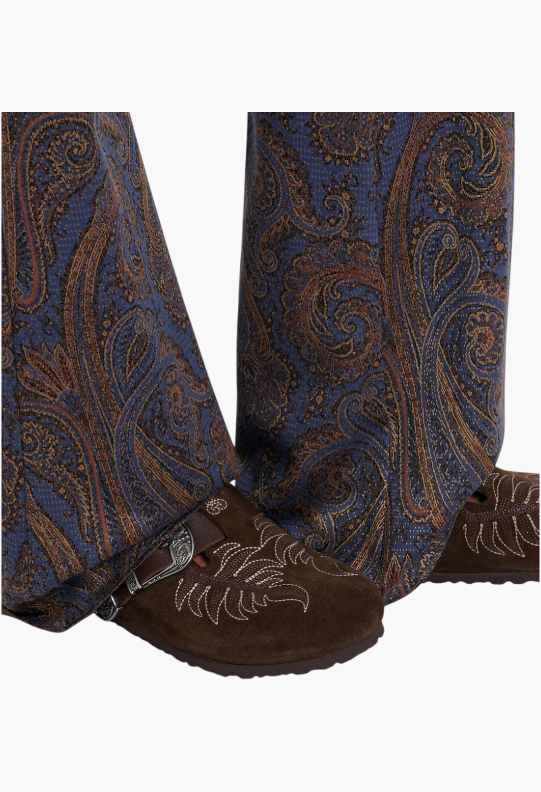 GLAM MODA Birkenstock Boston brown suede clogs with intricate white embroidery and engraved metal buckle detail