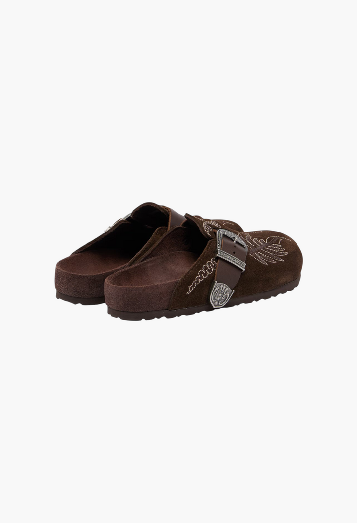 GLAM MODA brown suede Birkenstock Boston clogs with intricate embroidery and engraved metal buckle detail
