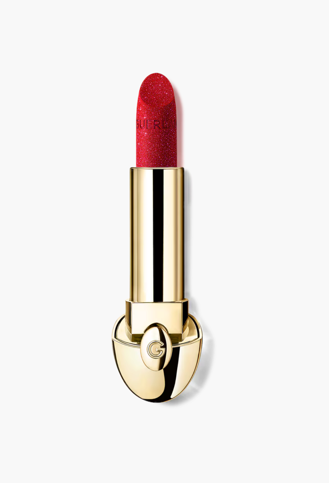 GLAM MODA Guerlain Rouge G customizable lipstick in a vibrant red velvet matte shade with a gold jewel case