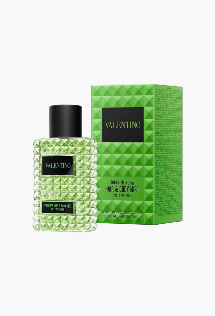 GLAM MODA Valentino Born in Roma Salty Pistachio hair and body mist in a light green glass bottle with its box.