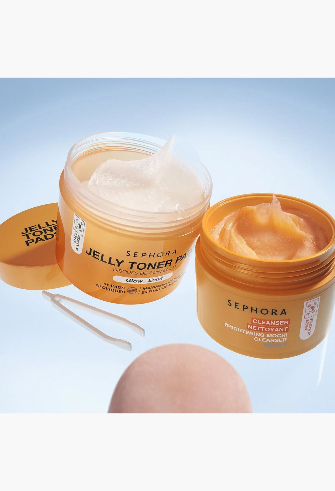 GLAM MODA SEPHORA COLLECTION Jelly Toner Pads and Brightening Mochi Cleanser with Vitamin C in orange jars
