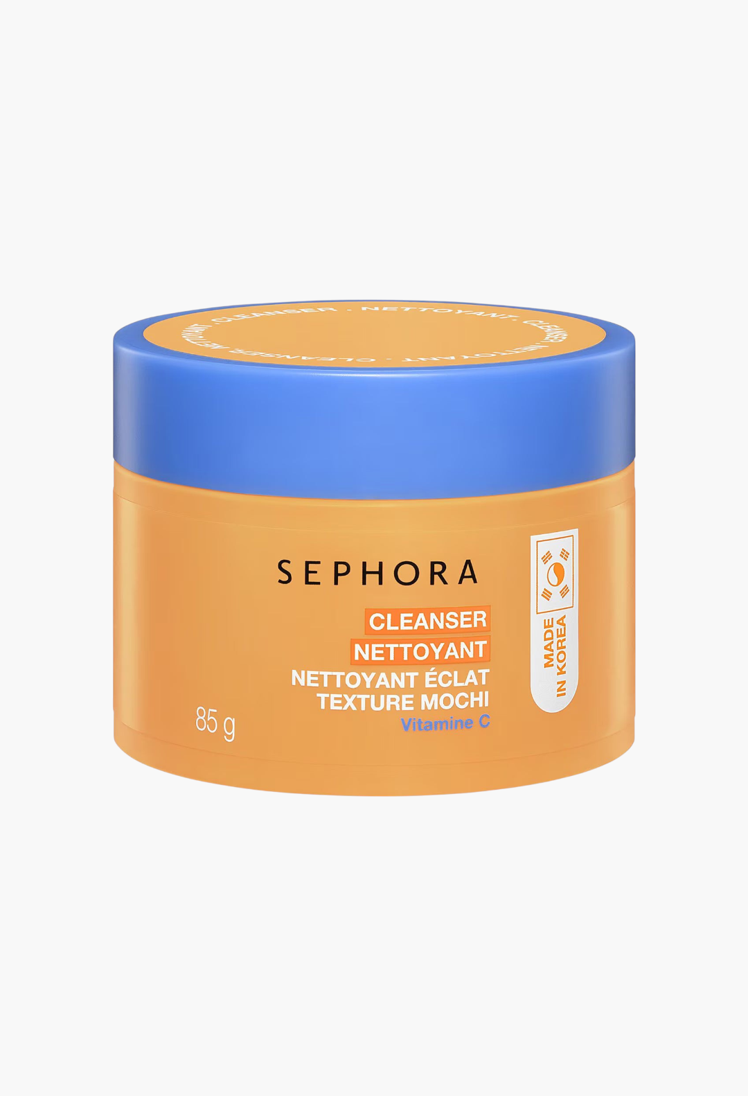 GLAM MODA SEPHORA COLLECTION Mochi Glow Cleanser with Vitamin C in an orange jar with a blue lid.