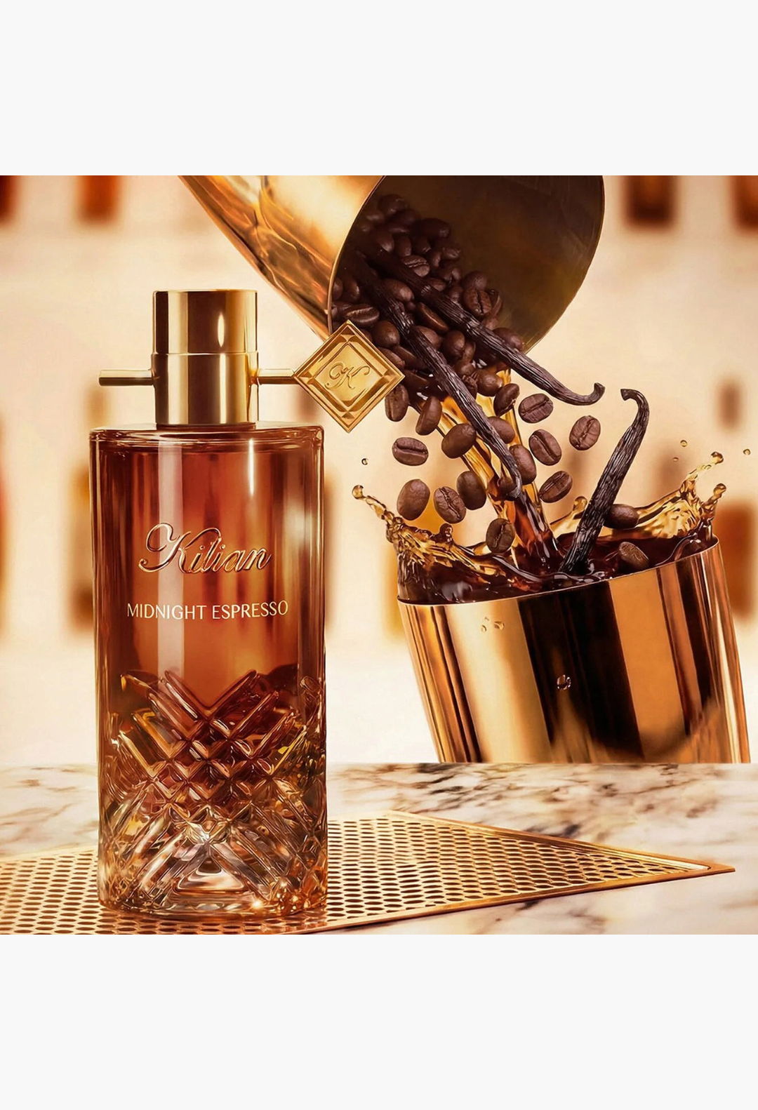 GLAM MODA Midnight Espresso Eau de Parfum bottle with coffee beans and vanilla pouring from a gold cocktail shaker.