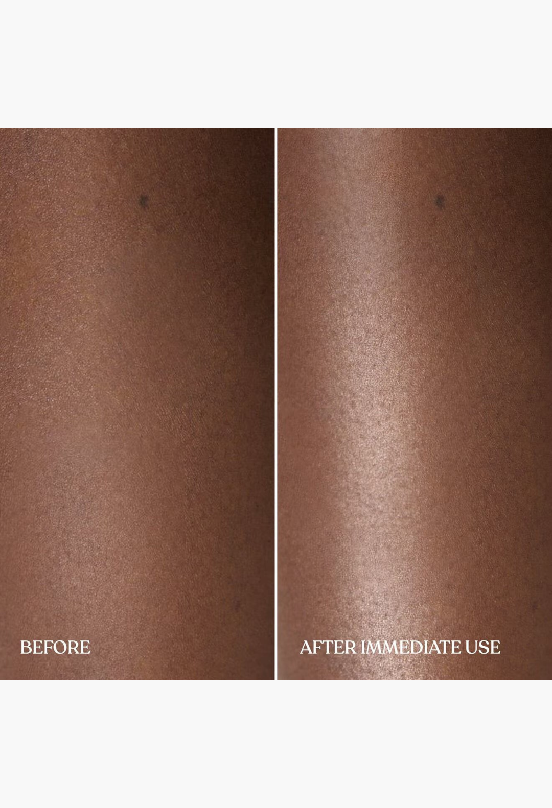 GLAM MODA Yum Pistachio body cream before and after application showing immediate skin hydration and soft glow