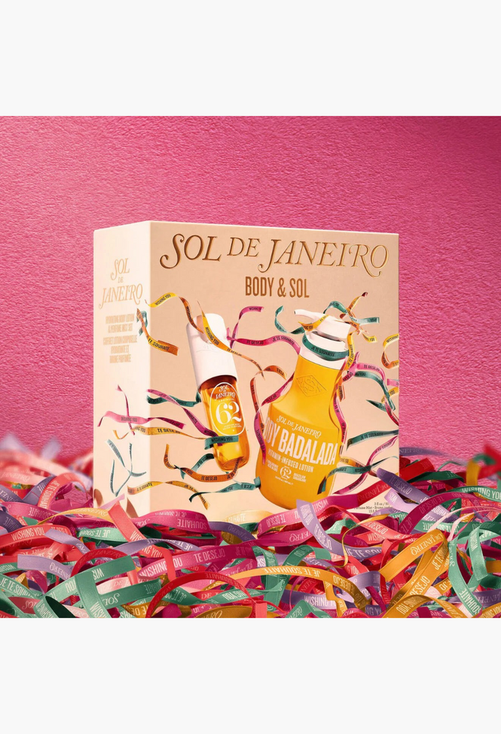 GLAM MODA Sol de Janeiro Body & Sol gift set featuring Cheirosa 62 perfume mist and Body Badalada lotion in a box.