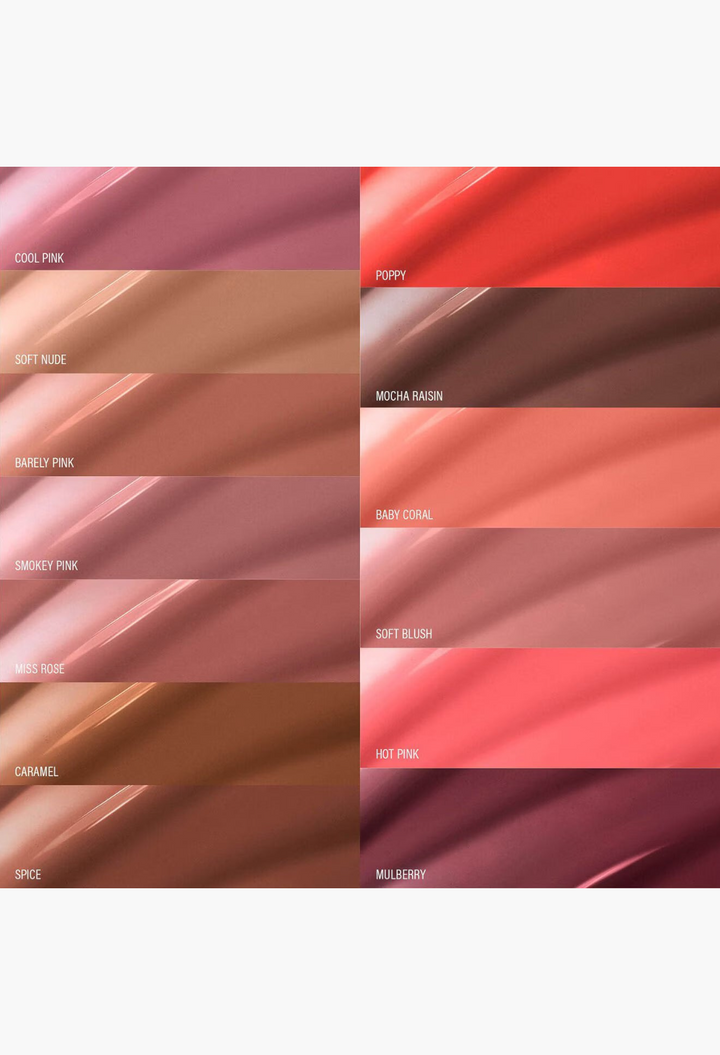 GLAM MODA MoistureGlow liquid lip color swatches in thirteen shades ranging from soft nudes to vibrant pinks and reds.