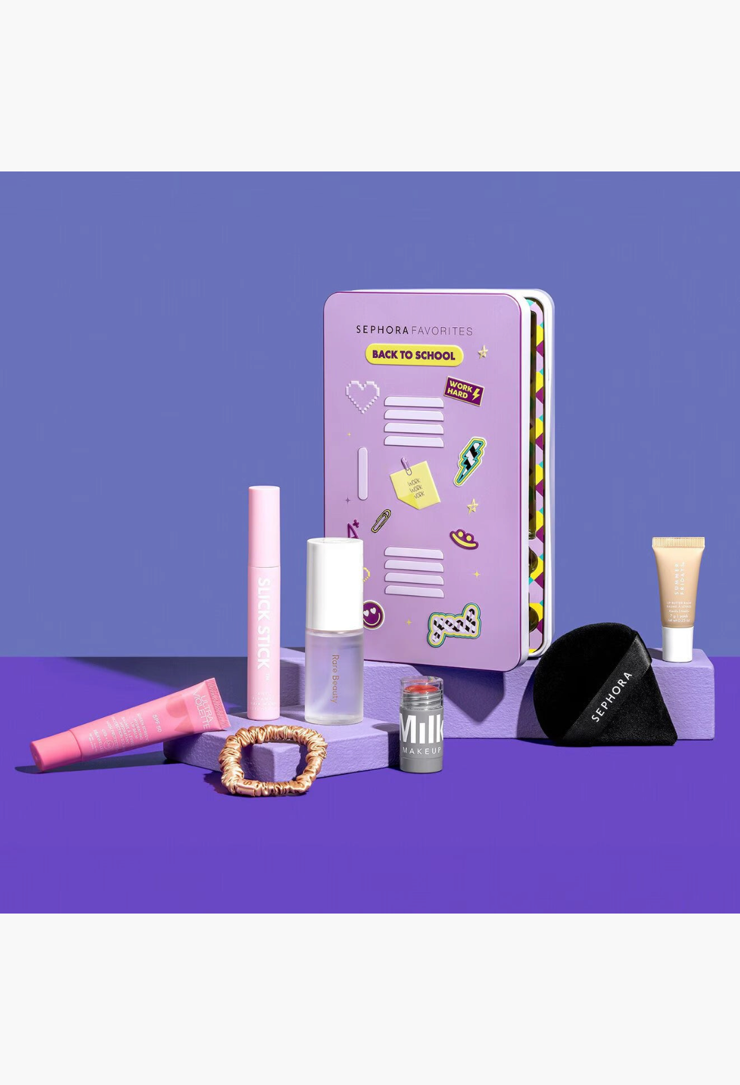 GLAM MODA Sephora Favorites Back to School beauty box featuring skincare, makeup, and hair accessories on purple