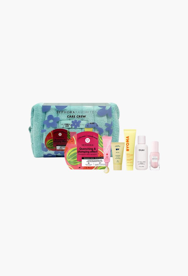 GLAM MODA Sephora Favorites Care Crew skincare and haircare set with a blue floral pouch and six beauty minis.