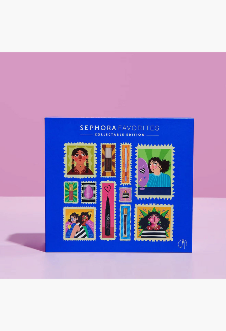 GLAM MODA Sephora Favorites Female Founders beauty set in a blue box with illustrated stamp-style product graphics.
