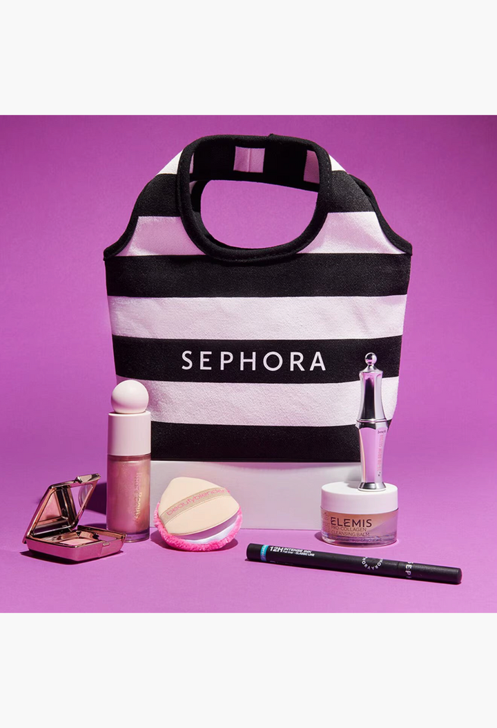 GLAM MODA Glitz & Glam Sephora Favorites beauty set featuring makeup, cleansing balm, and a black and white tote bag.