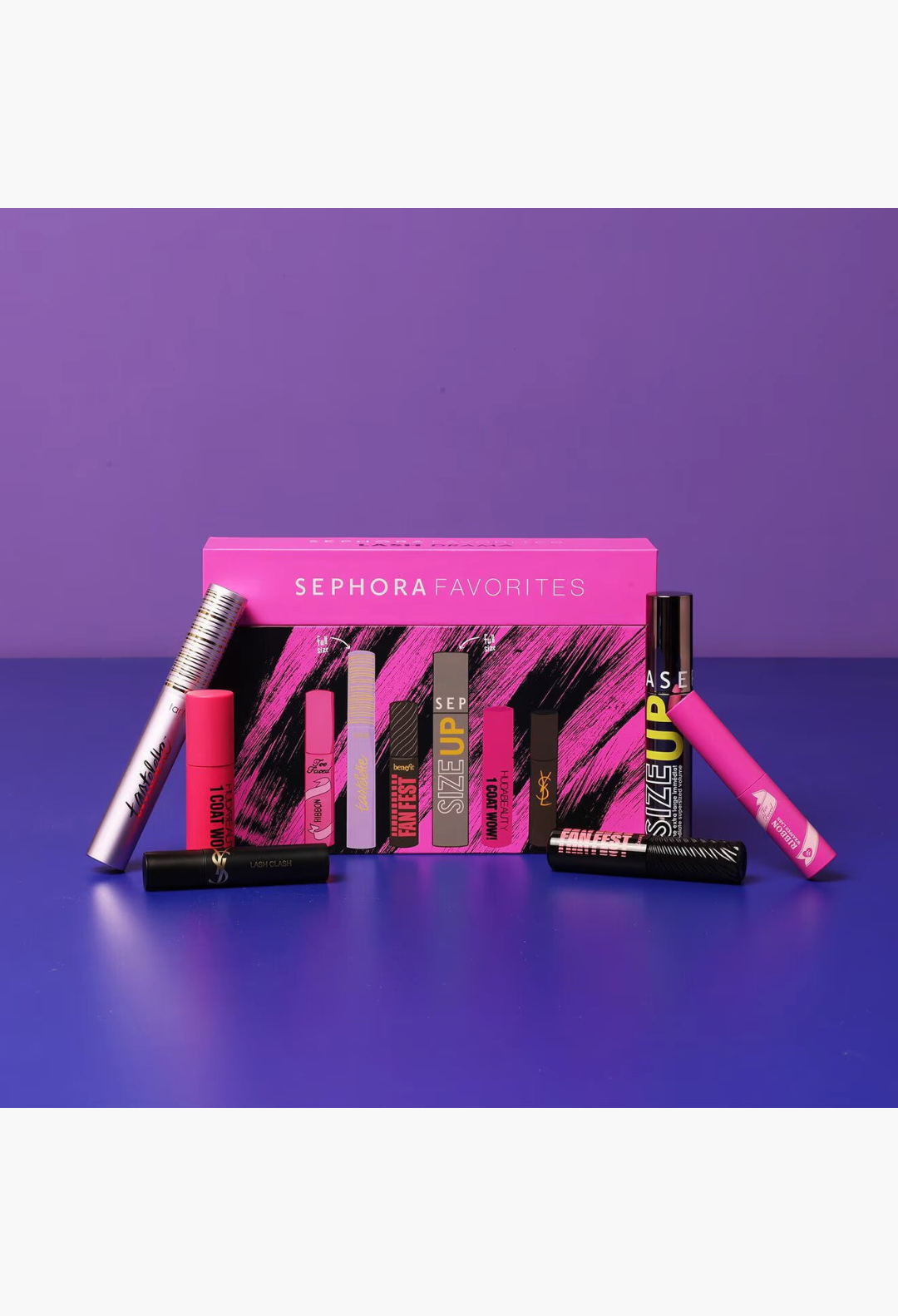 GLAM MODA Lash Drama mascara set featuring six various mini and full-size luxury mascaras in a pink gift box