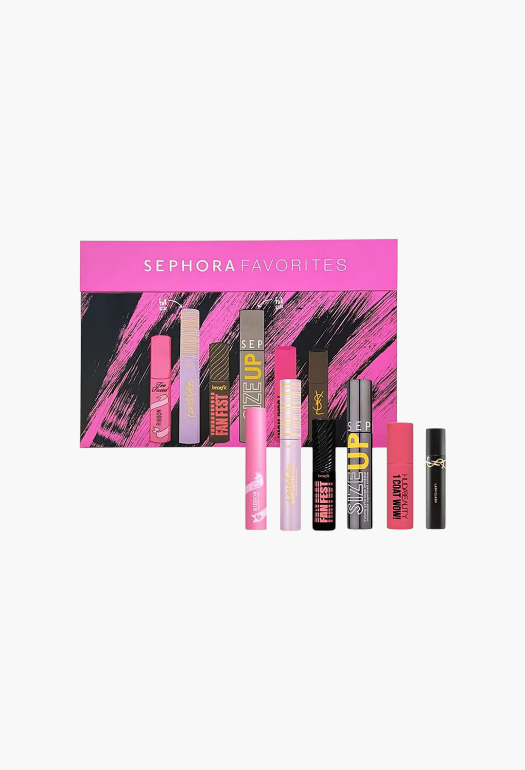 GLAM MODA Lash Drama mascara set featuring six popular mini and full-size mascaras in a vibrant pink gift box.