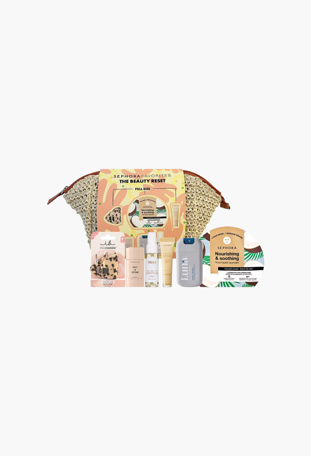 GLAM MODA The Beauty Reset wellness kit featuring hair, body, and skincare products in a woven cosmetic bag.
