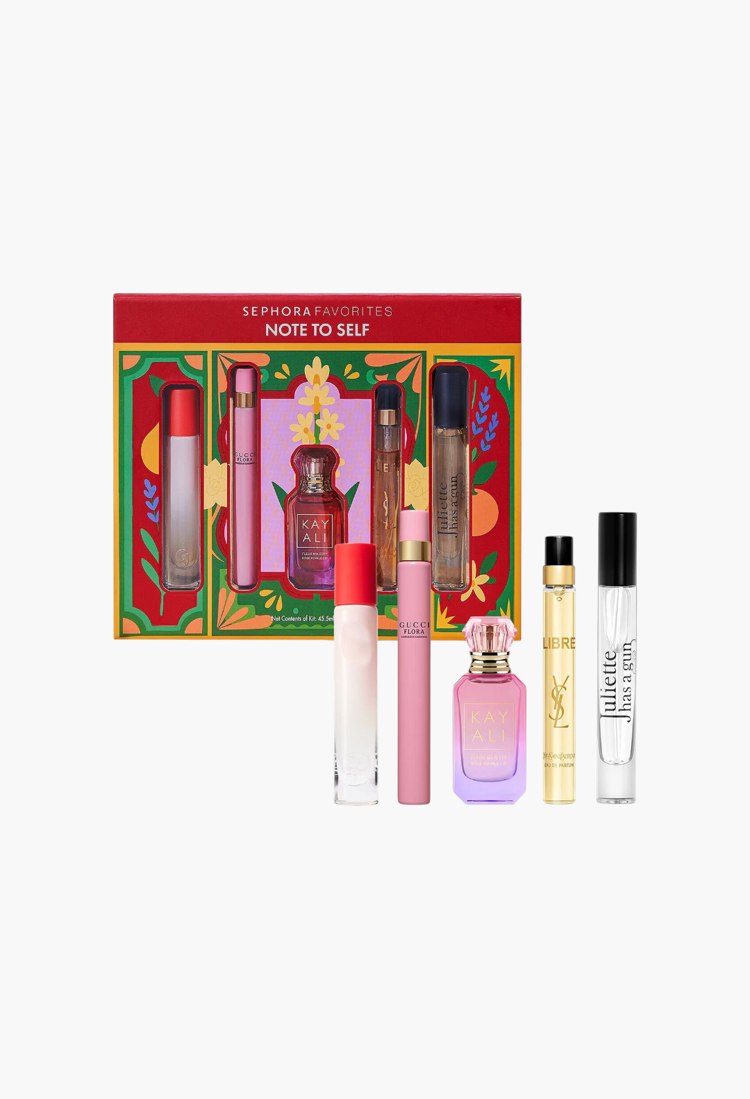 GLAM MODA Sephora Favorites Note To Self fragrance sampler set featuring five luxury perfume vials and spray bottles.