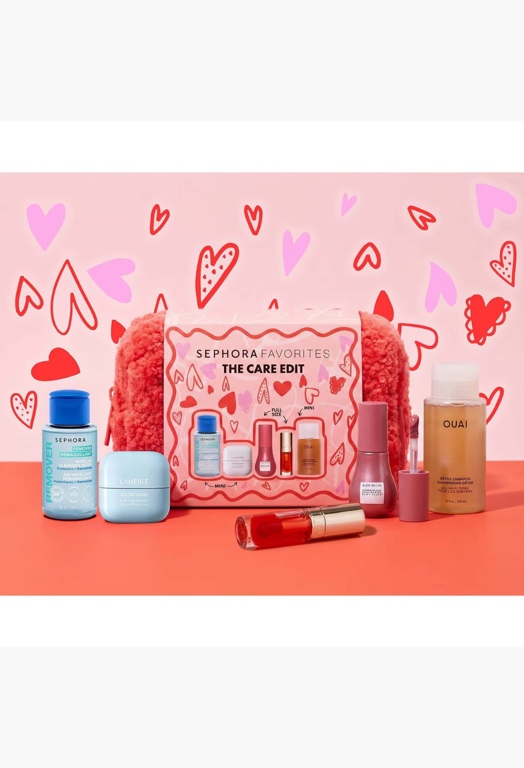 GLAM MODA The Care Edit skincare and haircare gift set featuring five mini beauty products and a pink fuzzy pouch.