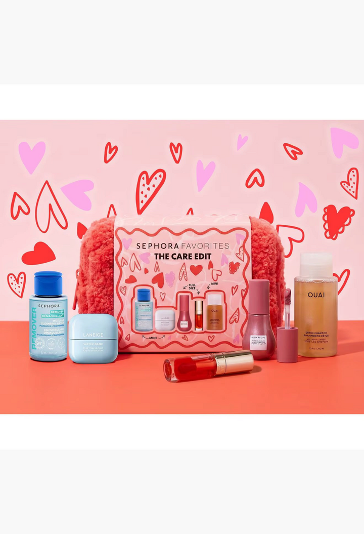 GLAM MODA The Care Edit skincare and haircare gift set featuring five mini beauty products and a pink fuzzy pouch.