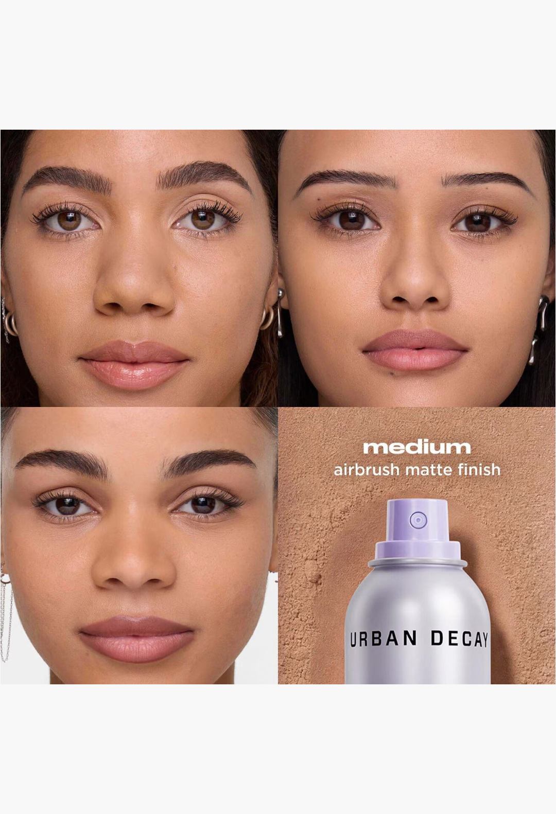 GLAM MODA Ghost Spray Medium travel size setting powder spray showing airbrush matte finish on diverse skin tones