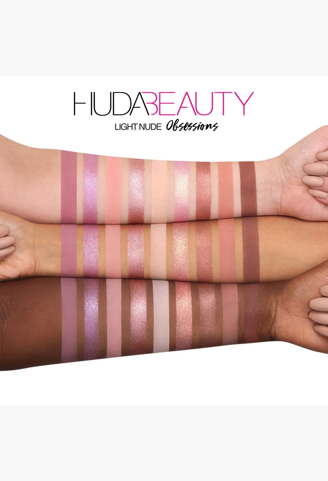 GLAM MODA Nude Obsessions eyeshadow palette swatches on three different skin tones showing matte and shimmer finishes