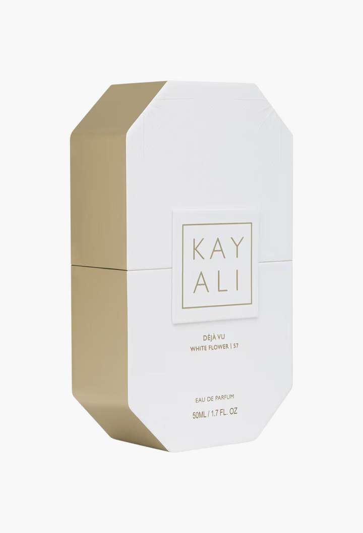 GLAM MODA Kayali Déjà Vu White Flower 57 eau de parfum 50ml bottle in a white and gold geometric box