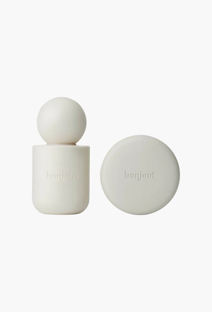 GLAM MODA bonjout La Cream and Le Balm skincare set in minimalist off-white containers for barrier repair and anti-aging.